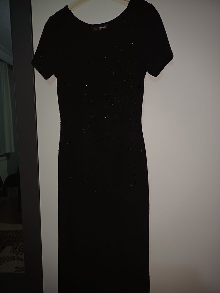 Siyah kare Yaka Uzun simli Kadın Abiye Elbise - Görsel 2