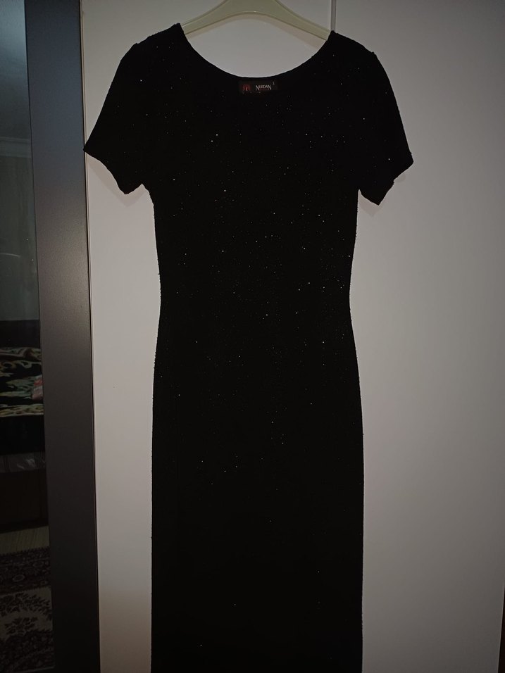 Siyah kare Yaka Uzun simli Kadın Abiye Elbise - Görsel 3