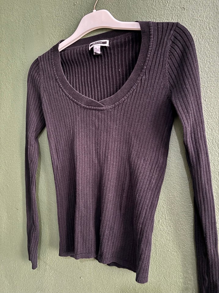 Gri V Yaka Uzun Kollu Triko Kadın Kazak - Görsel 2