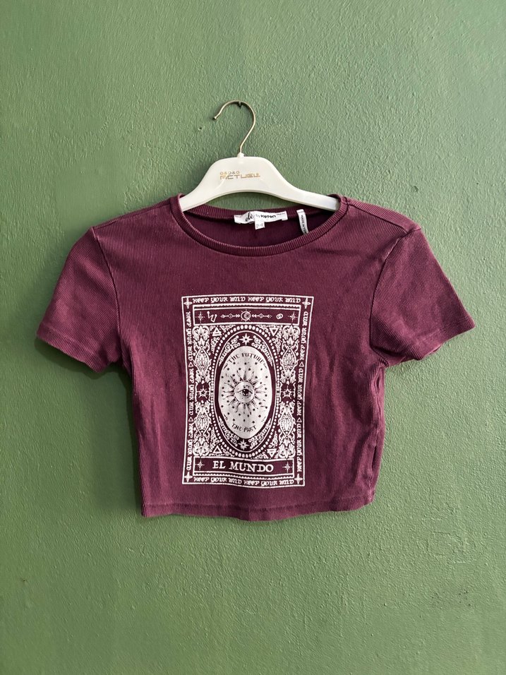 Bordo Bohem Baskılı Kısa Kollu Tişört - Görsel 3