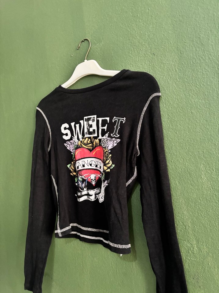 Kızlar için Siyah Uzun Kollu Süet Tişört - Görsel 3