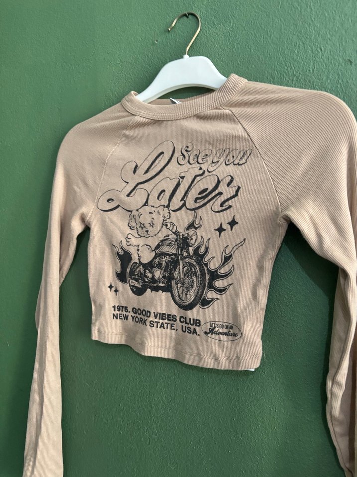 Kızlar için Uzun Kollu Bej Baskılı Tişört - Görsel 2