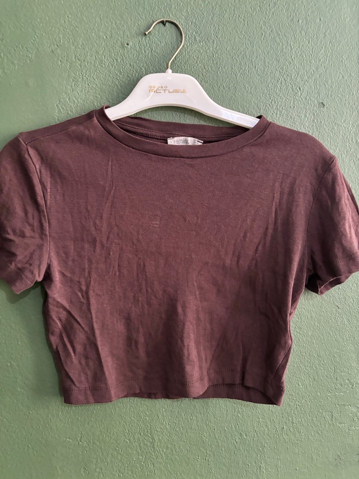 Bordo Kısa Kollu Keten Crop Top - Görsel 2