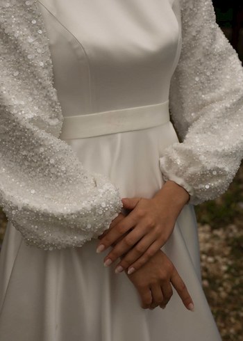 Uzun Beyaz Tesettür Abiye Elbise - Görsel 2