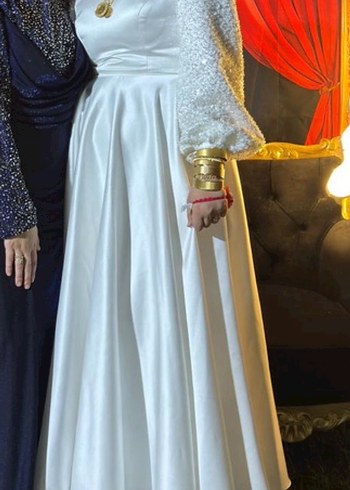 Uzun Beyaz Tesettür Abiye Elbise - Görsel 3