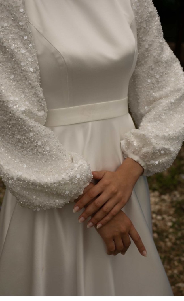 Uzun Beyaz Tesettür Abiye Elbise - Görsel 2