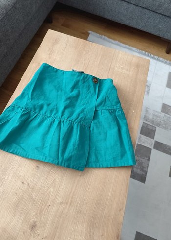 Düğmeli Turkuaz Keten Mini Etek
