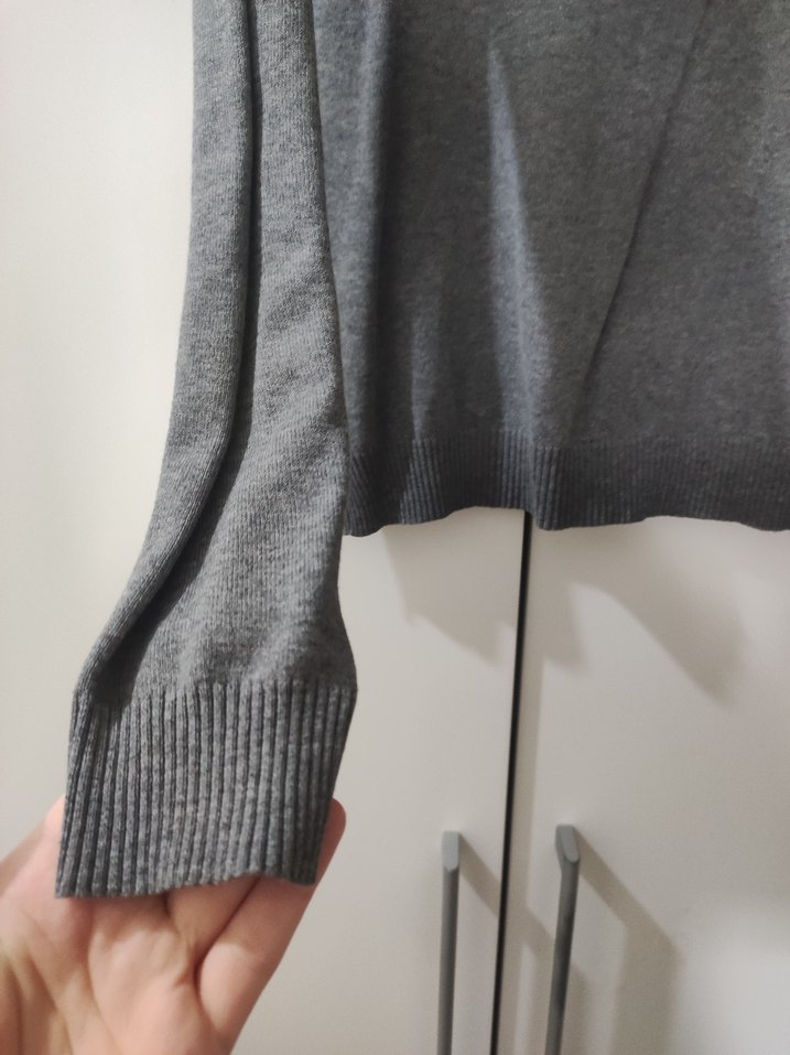 Mango basics Gri V Yakalı Uzun Kollu Kadın Triko ince Kazak - Görsel 2