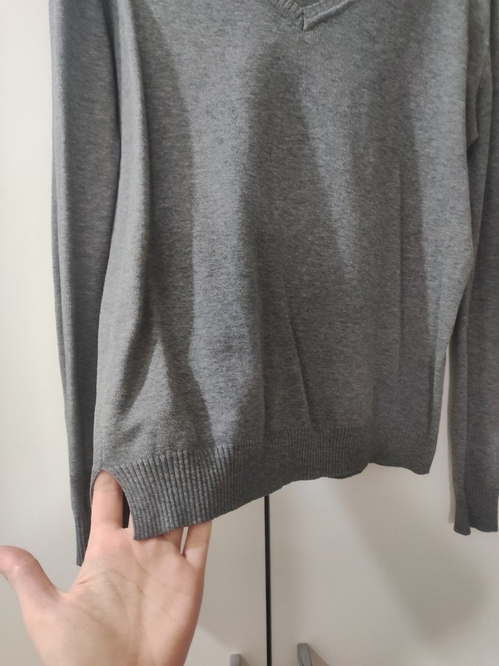 Mango basics Gri V Yakalı Uzun Kollu Kadın Triko ince Kazak - Görsel 4