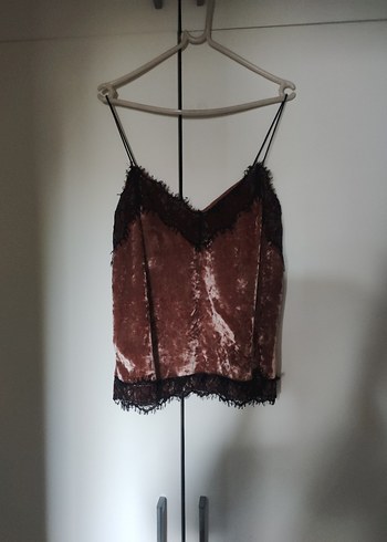 Pembe kadife Bershka askılı üst - siyah dantelli - Görsel 7