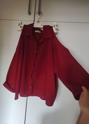 Bordo renkli, omuzları açık QuZu Collection kadın gömlek - Görsel 4
