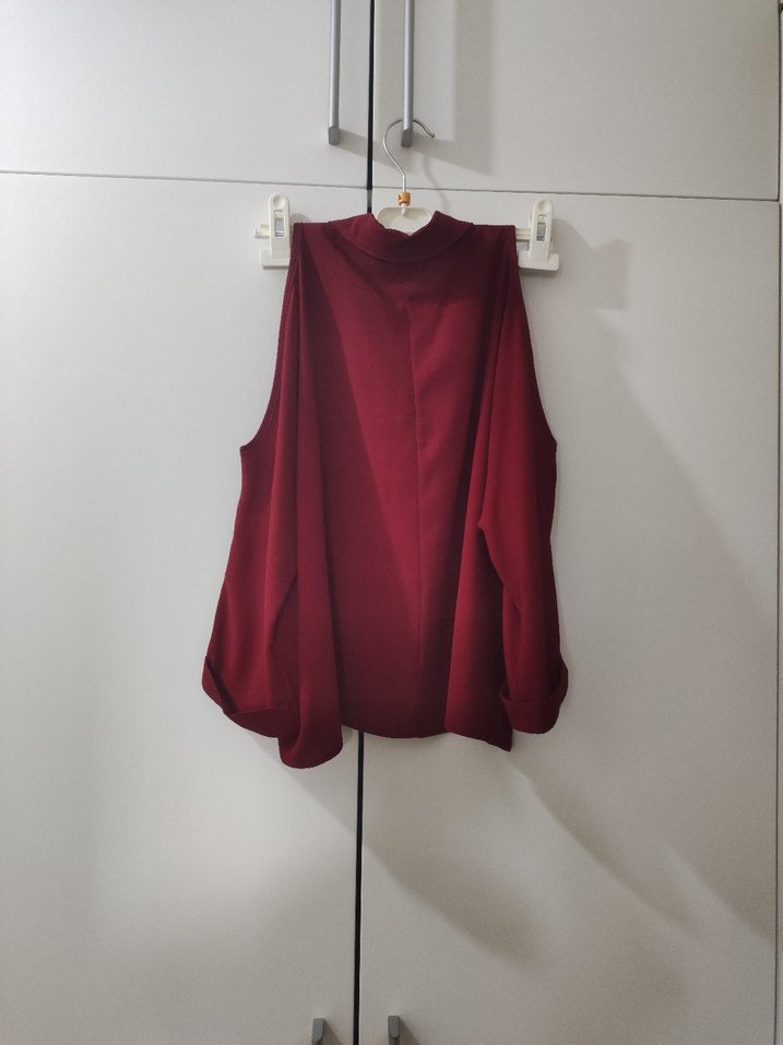 Bordo renkli, omuzları açık QuZu Collection kadın gömlek - Görsel 5