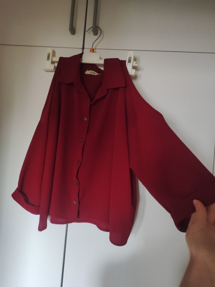 Bordo renkli, omuzları açık QuZu Collection kadın gömlek - Görsel 4