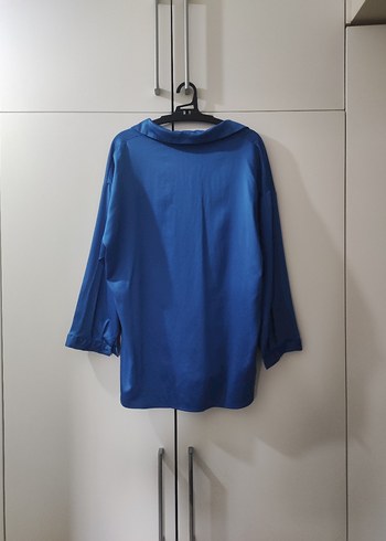 Koyu mavi V Yaka Uzun Kollu Koton kadın gömlek - Görsel 6