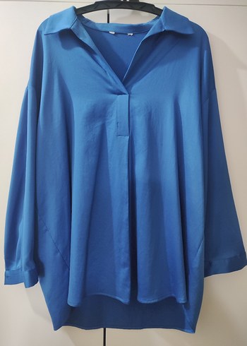 Koyu mavi V Yaka Uzun Kollu Koton kadın gömlek - Görsel 5