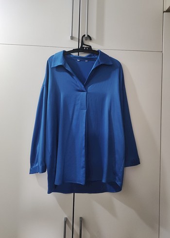 Koyu mavi V Yaka Uzun Kollu Koton kadın gömlek - Görsel 3