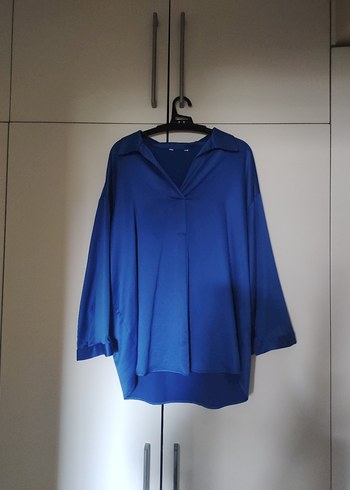 Koyu mavi V Yaka Uzun Kollu Koton kadın gömlek - Görsel 4