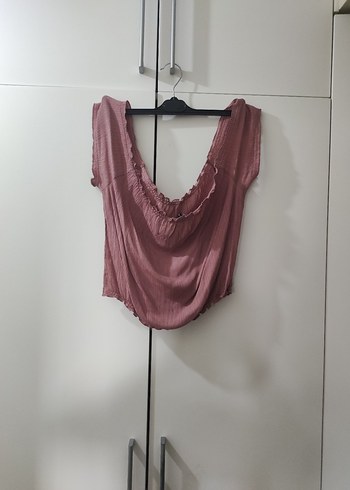 Omuzları açık kısa kollu drapeli Pembe Bluz - Görsel 5