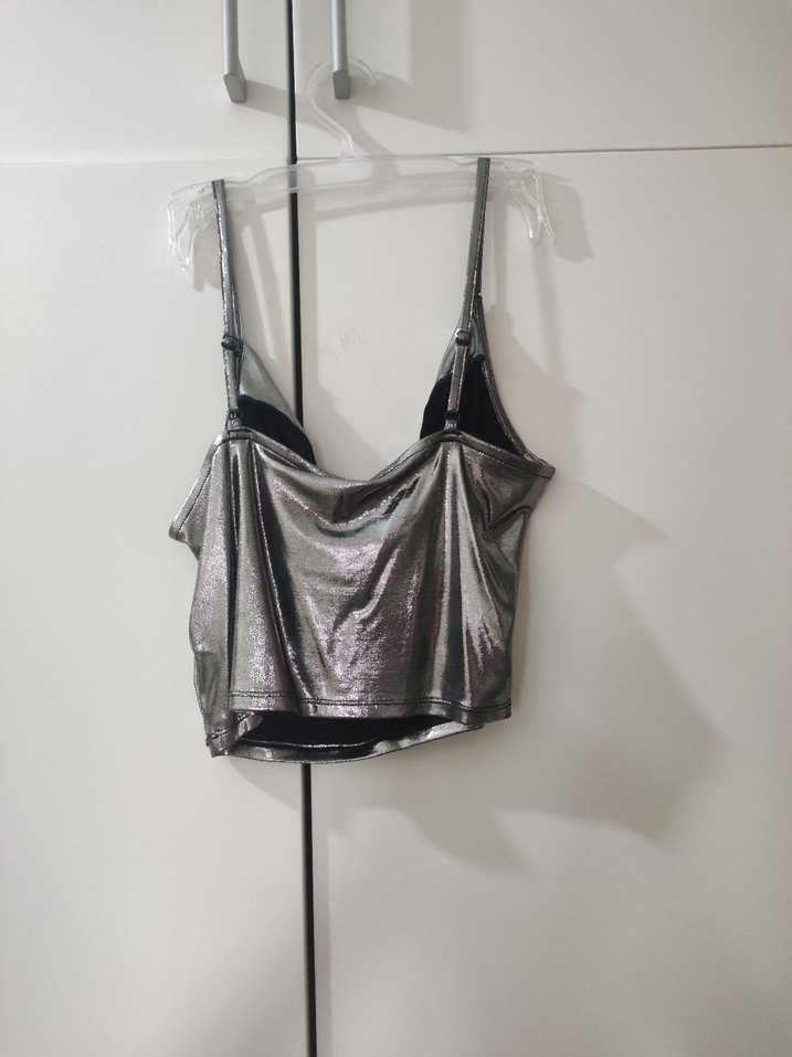 H&M Divided parlak gri metalik kadın askılı üst - Görsel 5
