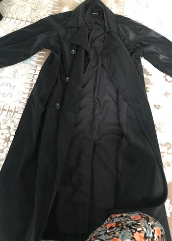 Kadın Siyah Uzun Düğmeli  kuşaklı Trençkot - Görsel 3