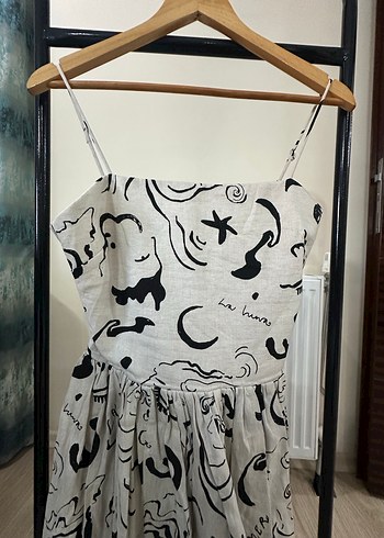 Baskılı Askılı Uzun Keten Elbise - Görsel 2