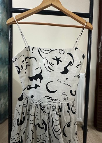 Baskılı Askılı Uzun Keten Elbise - Görsel 3