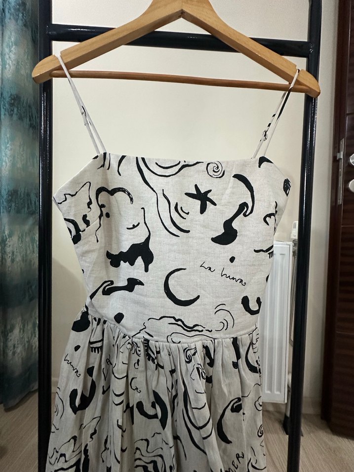 Baskılı Askılı Uzun Keten Elbise - Görsel 2