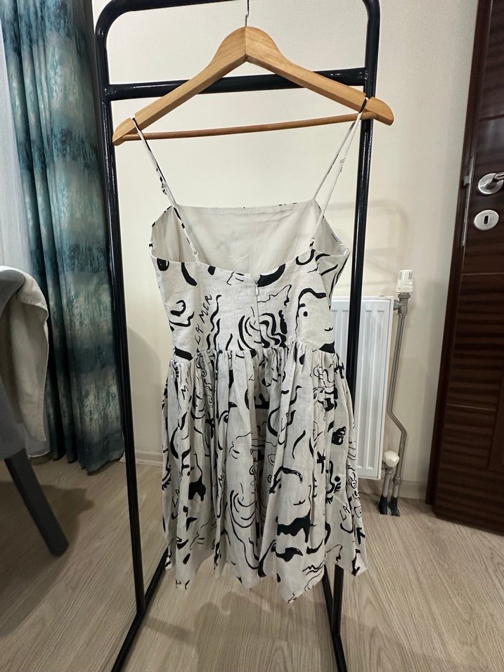 Baskılı Askılı Uzun Keten Elbise - Görsel 5