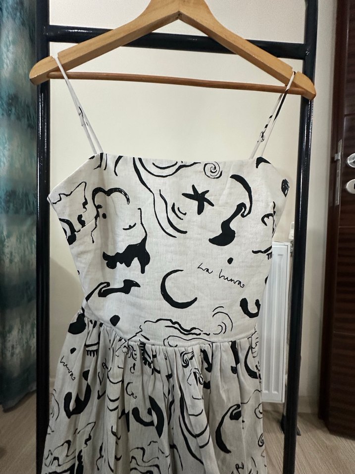 Baskılı Askılı Uzun Keten Elbise - Görsel 3