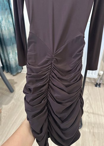 Koyu Kahverengi Uzun Kollu Drapeli Elbise - Görsel 7