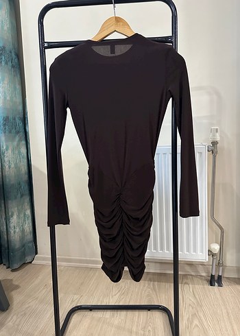 Koyu Kahverengi Uzun Kollu Drapeli Elbise - Görsel 4