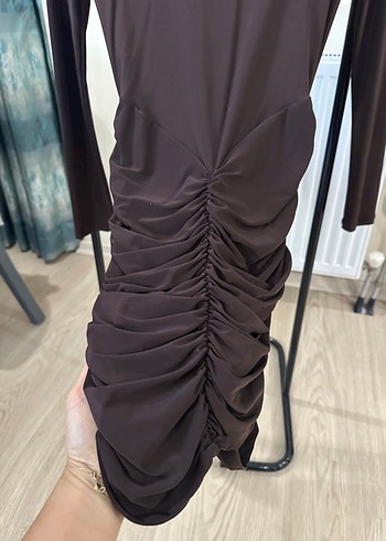 Koyu Kahverengi Uzun Kollu Drapeli Elbise - Görsel 5