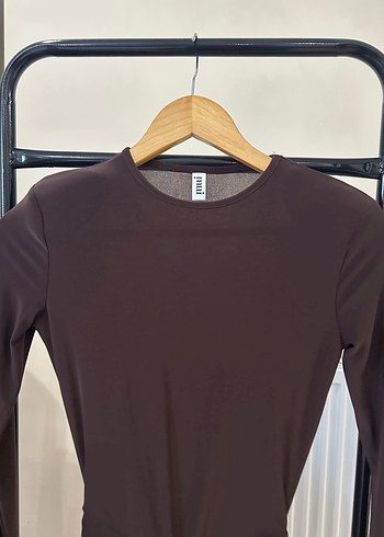 Koyu Kahverengi Uzun Kollu Drapeli Elbise - Görsel 6