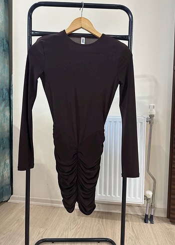 Koyu Kahverengi Uzun Kollu Drapeli Elbise - Görsel 3