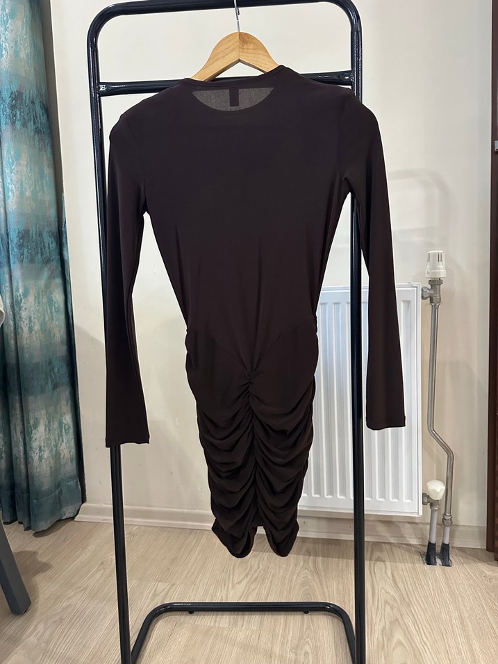 Koyu Kahverengi Uzun Kollu Drapeli Elbise - Görsel 4