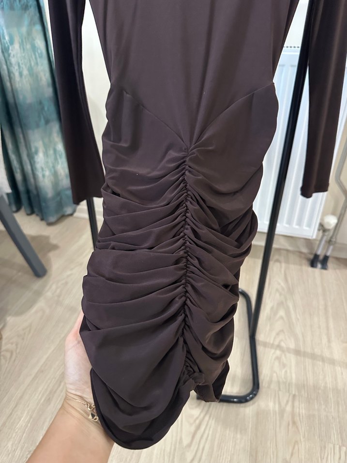 Koyu Kahverengi Uzun Kollu Drapeli Elbise - Görsel 5