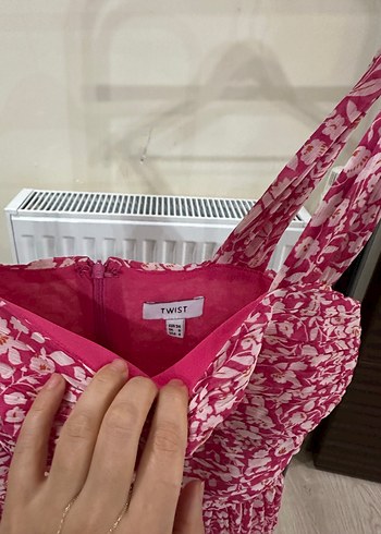 Pembe Bağlama Desenli Bohem Midi Elbise - Görsel 4