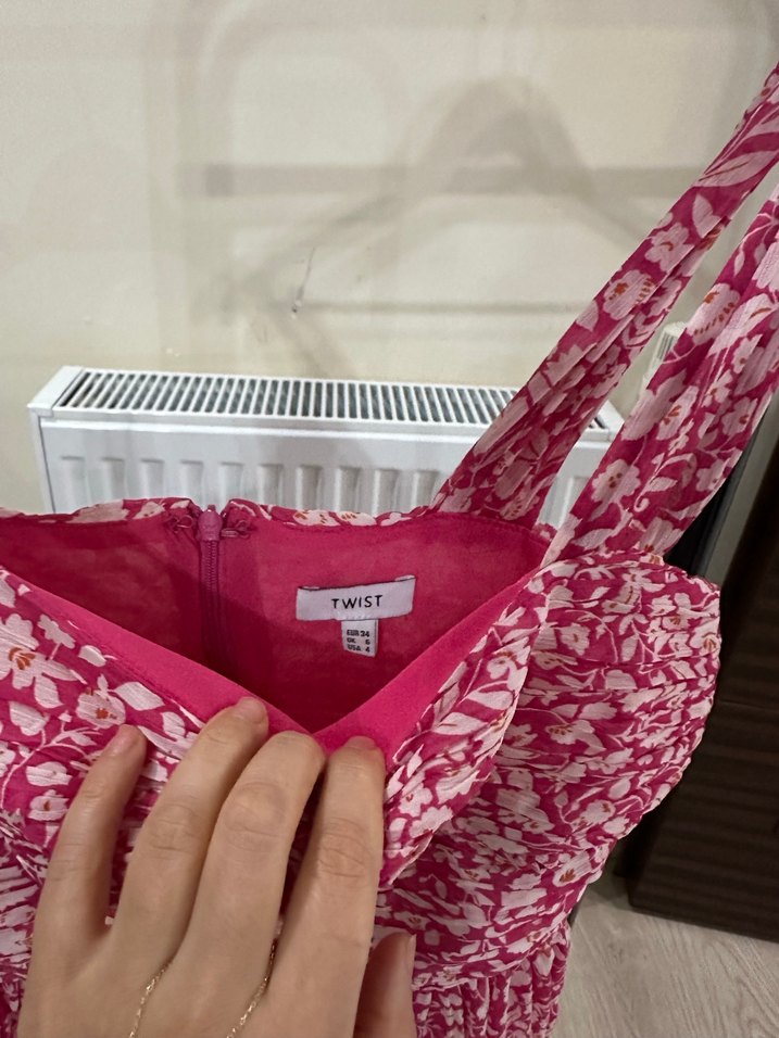 Pembe Bağlama Desenli Bohem Midi Elbise - Görsel 4