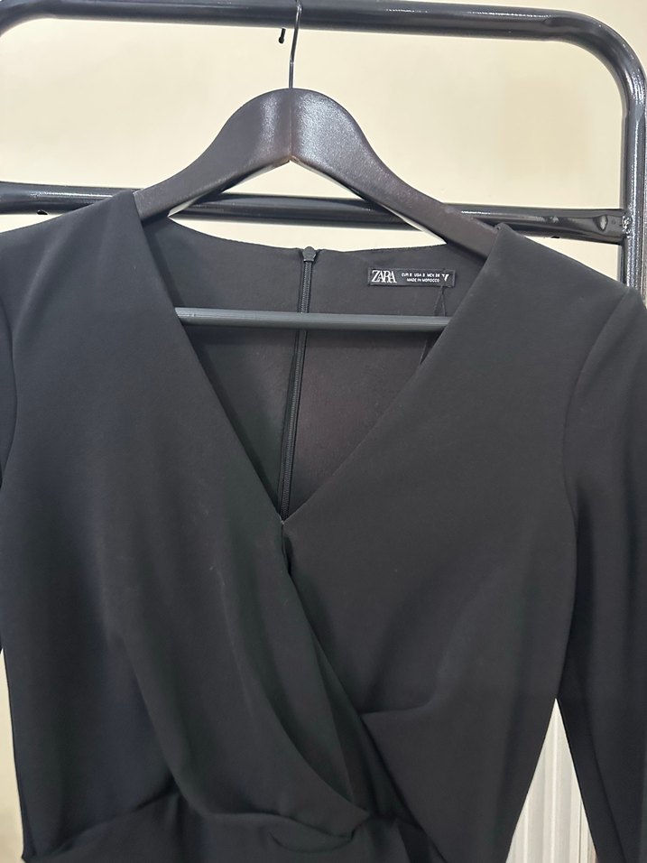 Siyah Drapeli V Yakalı Midi Elbise - Görsel 2