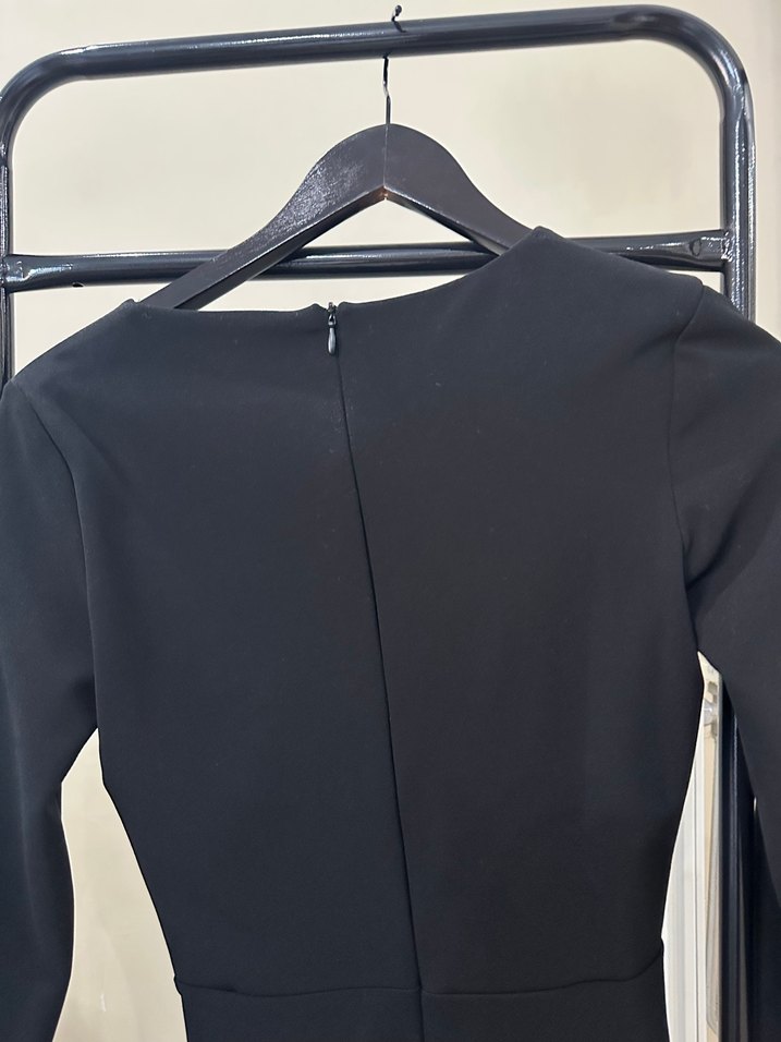 Siyah Drapeli V Yakalı Midi Elbise - Görsel 5