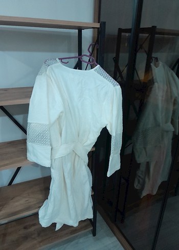 Bohem Beyaz Kadın Bornoz dantel detayli - Görsel 5