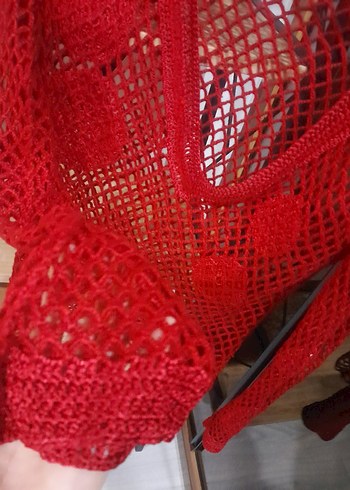 Bohem Uzun Kollu Kırmızı Örgü Kadın Kazak - Görsel 2