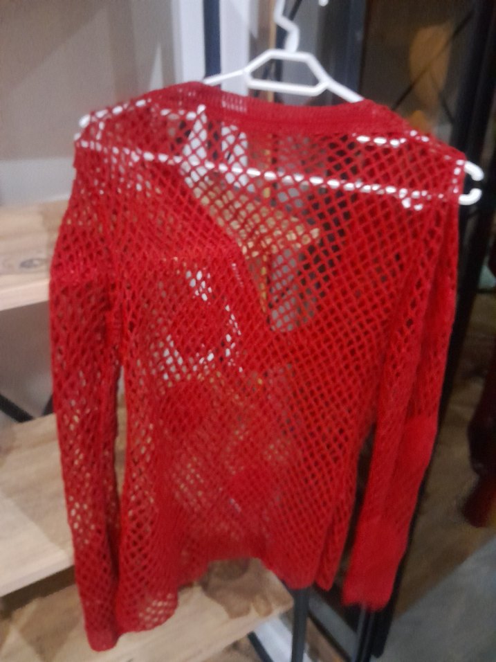 Bohem Uzun Kollu Kırmızı Örgü Kadın Kazak - Görsel 3