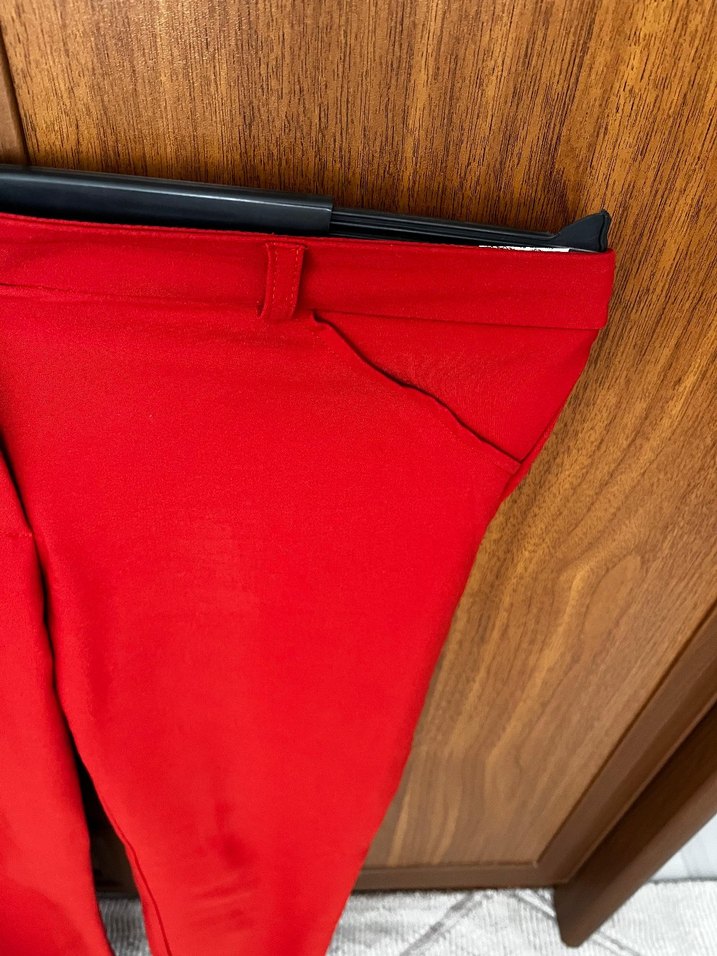 Kemerli Kırmızı Kadın Kumaş Pantolon.koyu turuncu bir rengi var - Görsel 5