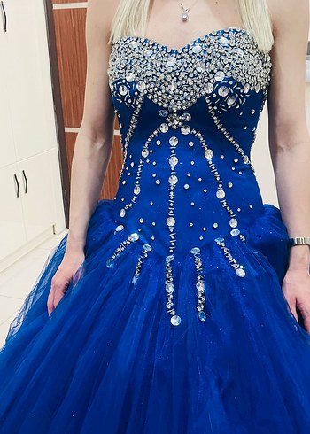 Mavi İşlemeli Straplez Uzun Abiye - Görsel 2