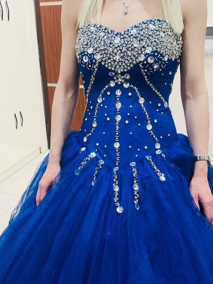 Mavi İşlemeli Straplez Uzun Abiye - Görsel 2