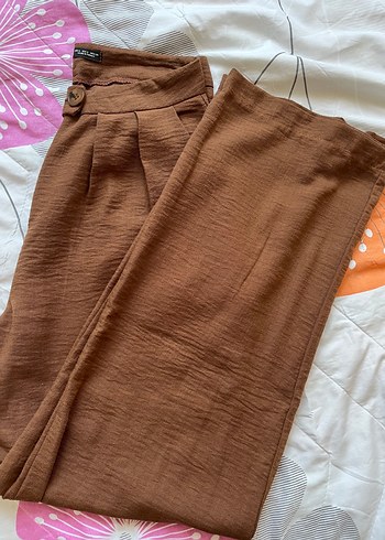 Düğmeli Kahverengi Bol Kesim Keten Pantolon - Görsel 2