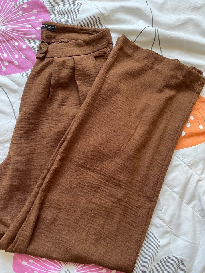 Düğmeli Kahverengi Bol Kesim Keten Pantolon - Görsel 2