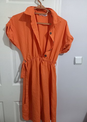 Düğmeli Turuncu Keten Midi Elbise - Görsel 2