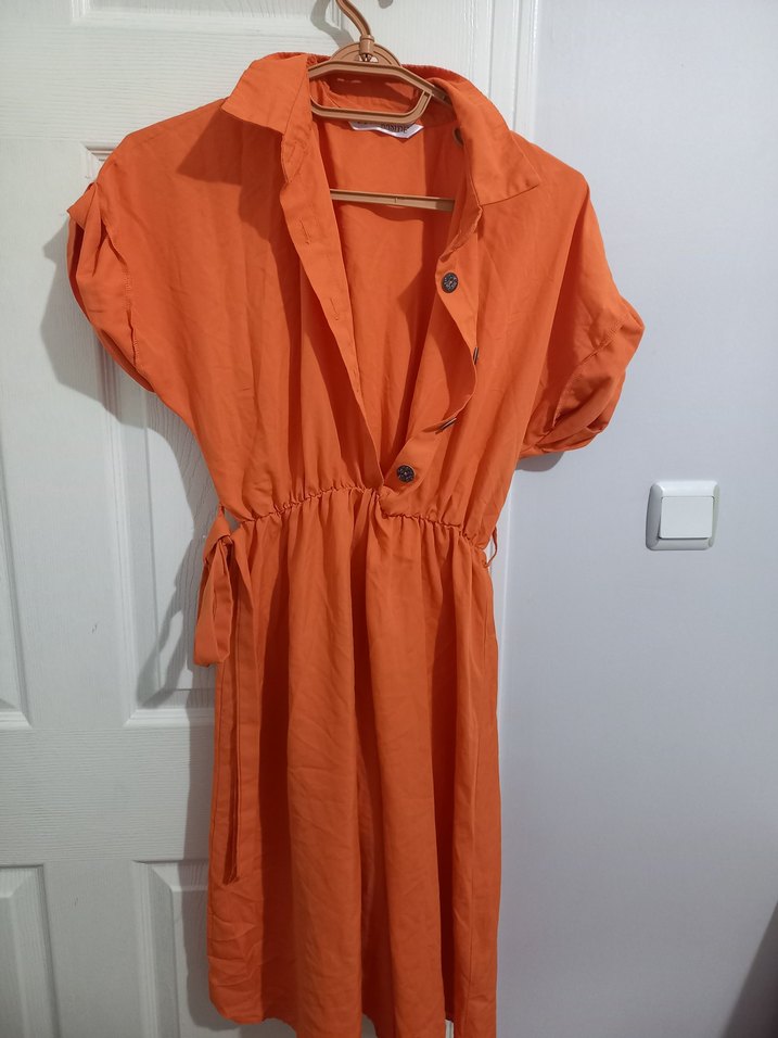 Düğmeli Turuncu Keten Midi Elbise - Görsel 2